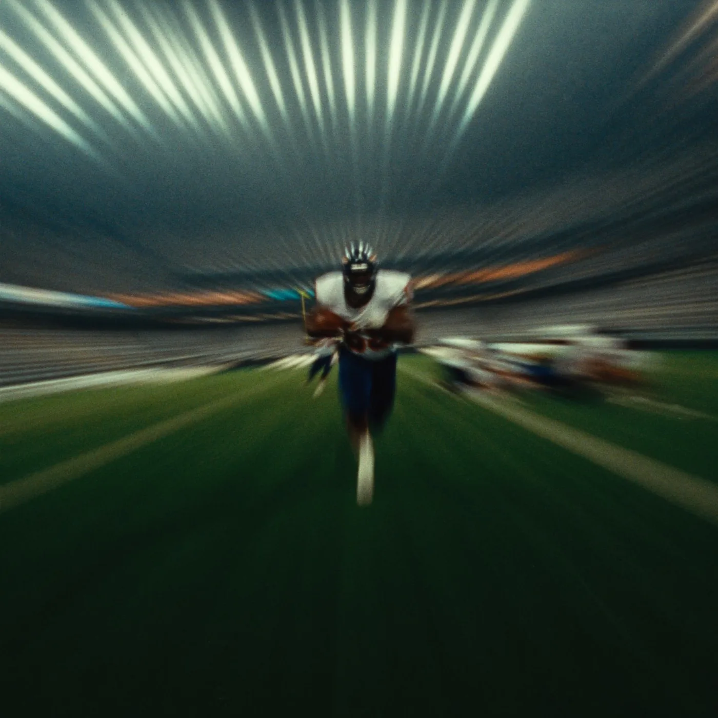 Athlete sprinting through a stadium with speed blur